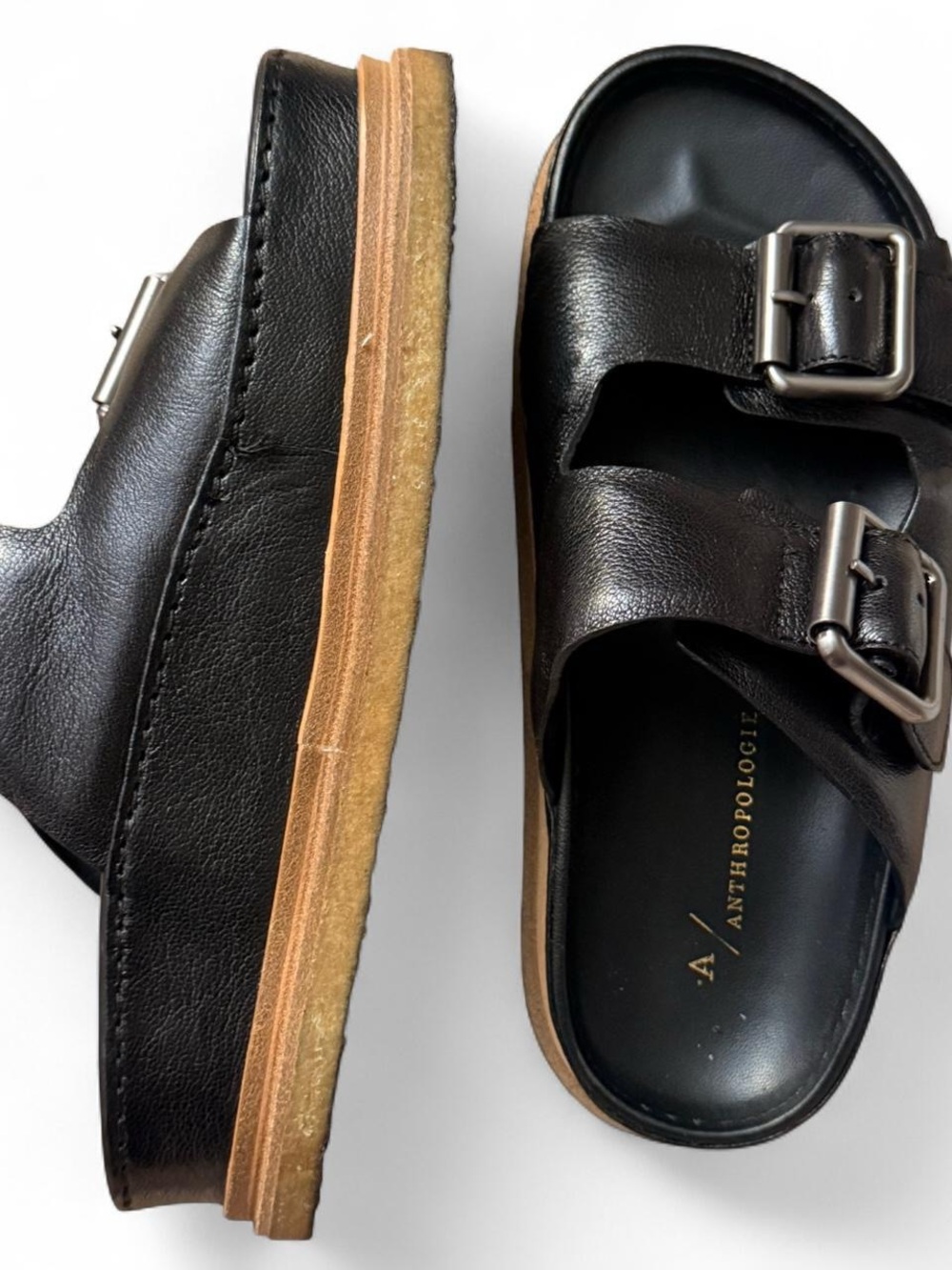 Anthropologie Men’s Black Leather Double-Buckle Slide Sandals with Tan Sole